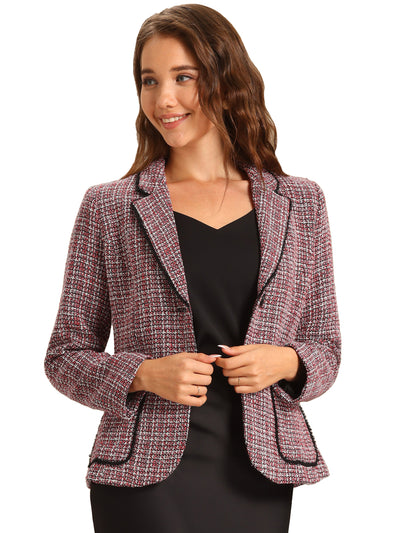 Plaid Tweed Notched Lapel Button Long Sleeve Blazer Jackets