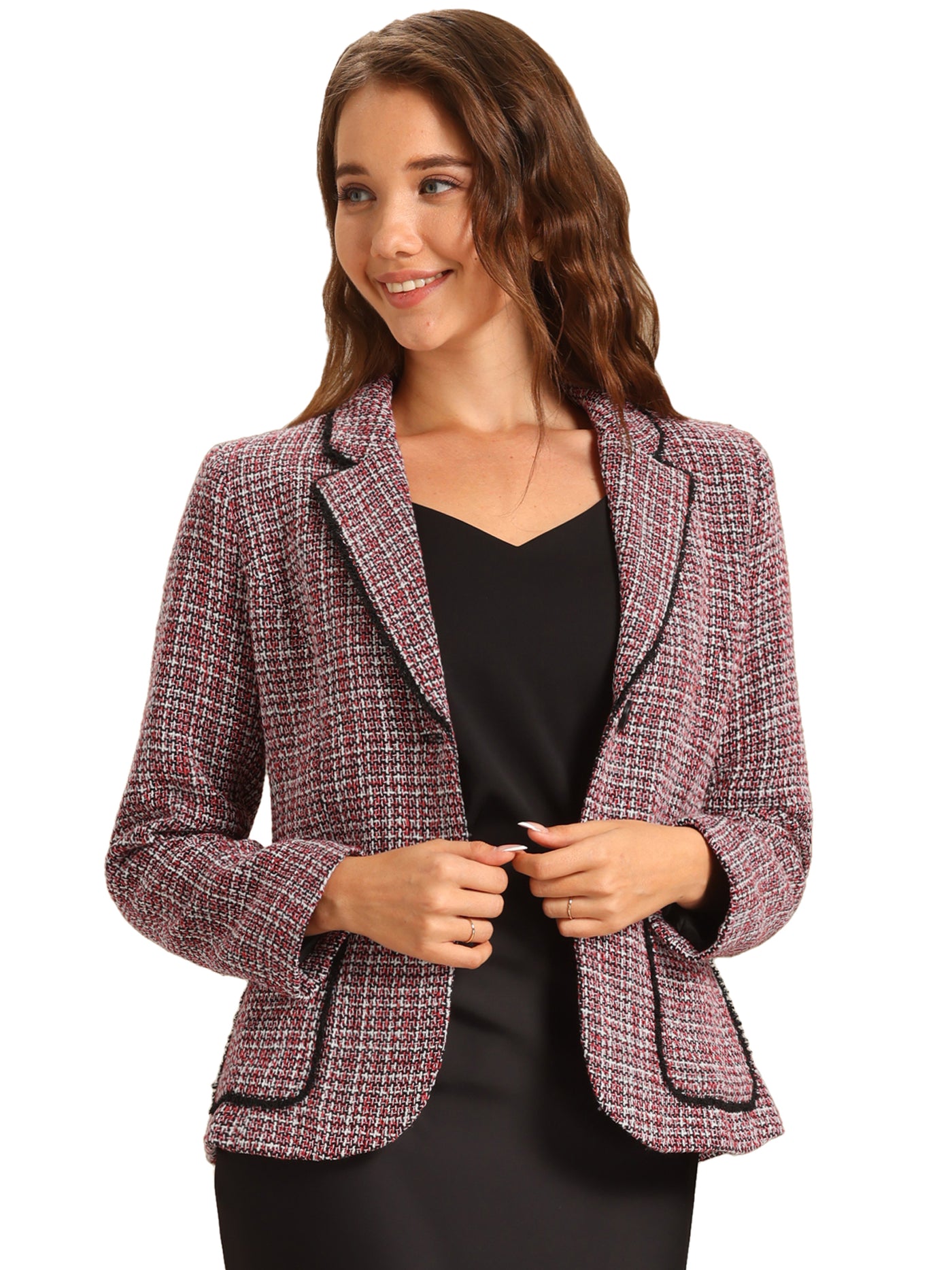 Allegra K Plaid Tweed Notched Lapel Button Long Sleeve Blazer Jackets