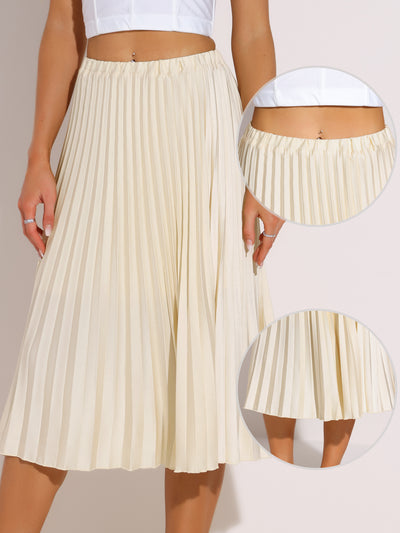 Elastic Waist Solid Color A-line Pleated Midi Skirt