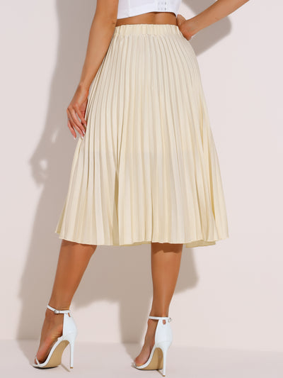 Elastic Waist Solid Color A-line Pleated Midi Skirt