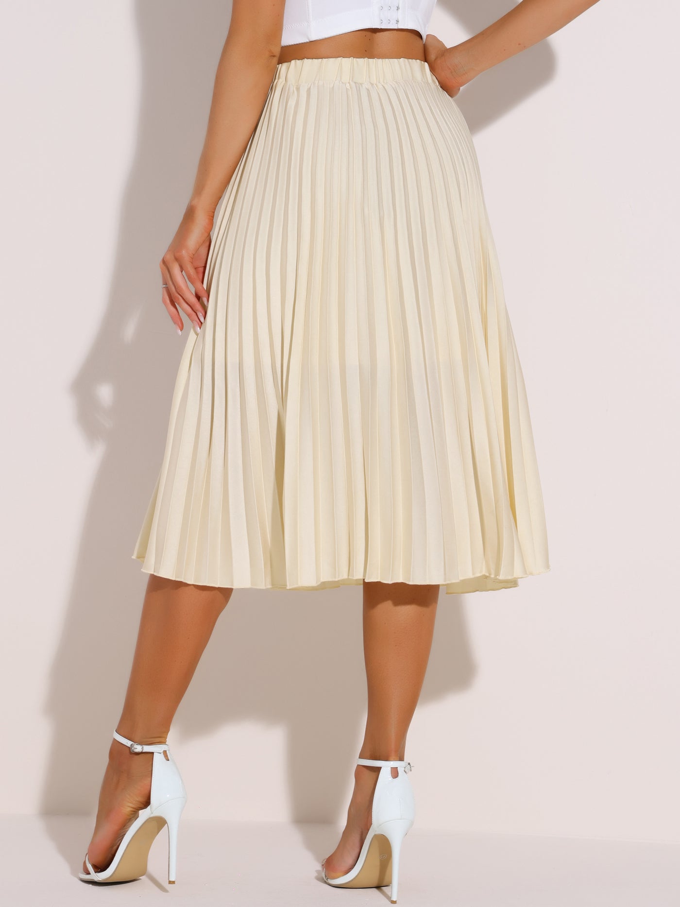 Allegra K Elastic Waist Solid Color A-line Pleated Midi Skirt