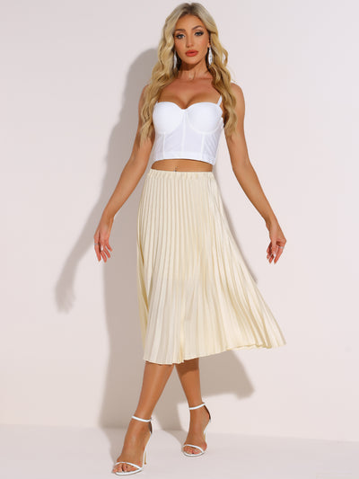 Elastic Waist Solid Color A-line Pleated Midi Skirt