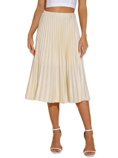 Elastic Waist Solid Color A-line Pleated Midi Skirt