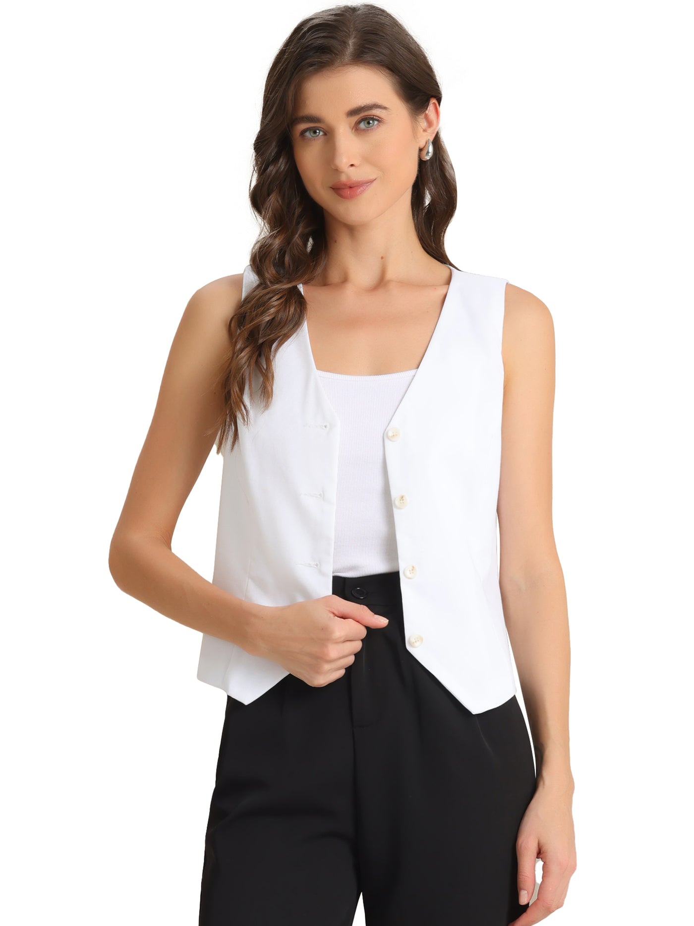 Allegra K Sleeveless Solid Button Down V Neck Waistcoat Vest