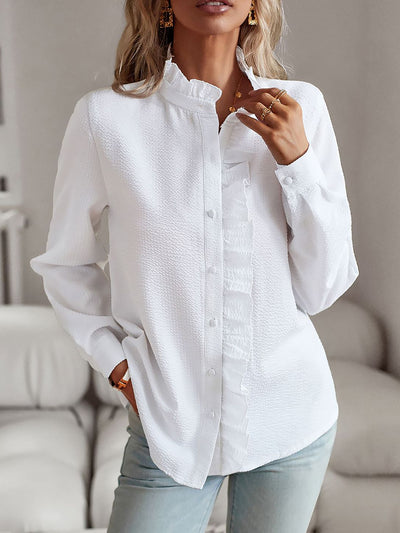 Striped Ruffled Textured Long Sleeves Button Down Shirts