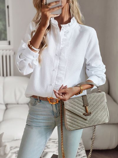 Striped Ruffled Textured Long Sleeves Button Down Shirts