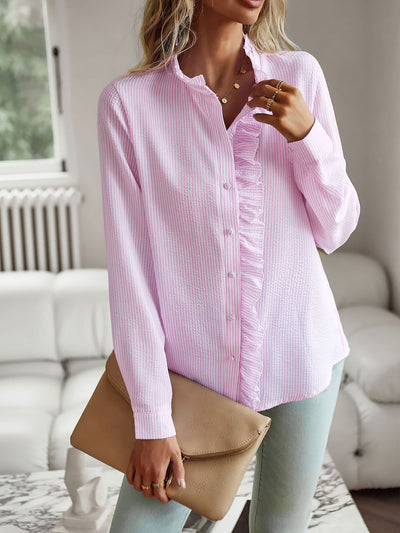 Striped Ruffled Textured Long Sleeves Button Down Shirts