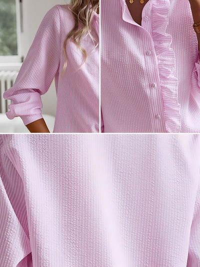 Striped Ruffled Textured Long Sleeves Button Down Shirts