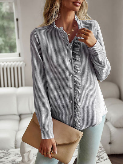 Striped Ruffled Textured Long Sleeves Button Down Shirts