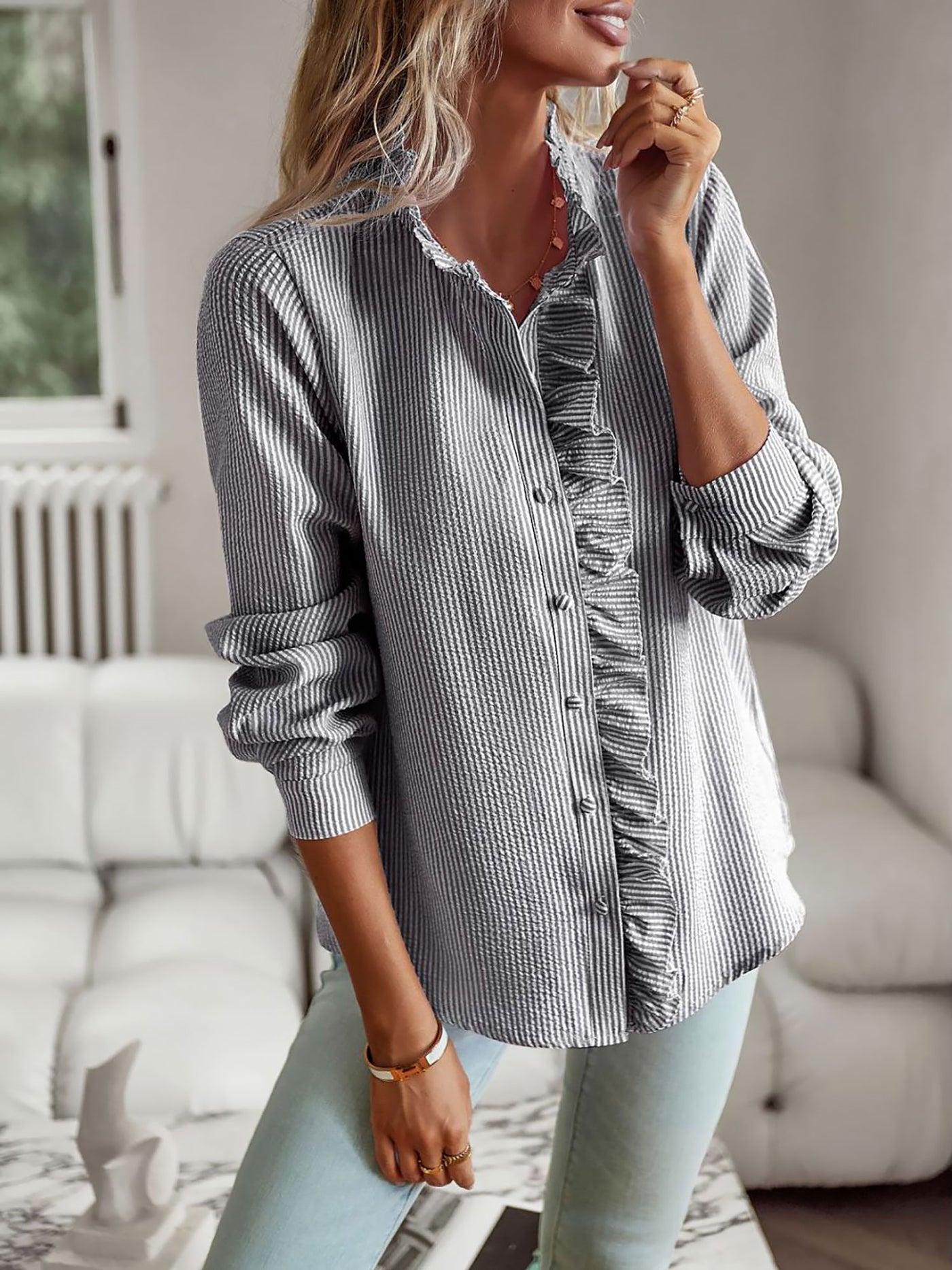 Allegra K Striped Ruffled Textured Long Sleeves Button Down Shirts