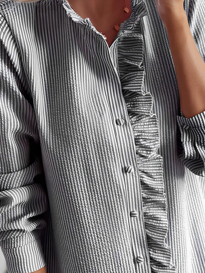 Striped Ruffled Textured Long Sleeves Button Down Shirts