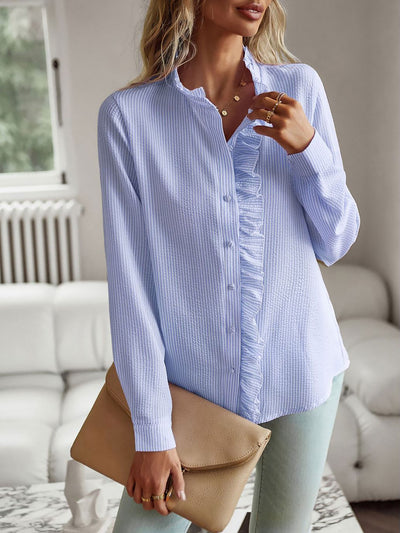 Striped Ruffled Textured Long Sleeves Button Down Shirts