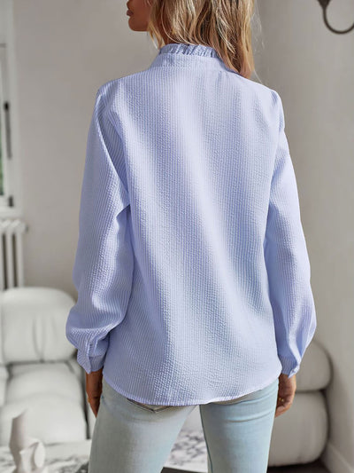 Striped Ruffled Textured Long Sleeves Button Down Shirts