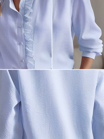 Striped Ruffled Textured Long Sleeves Button Down Shirts