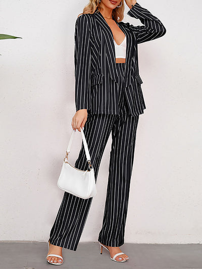 2 Pieces Shawl Collar Striped Long Sleeve Blazer & Straight Leg Pants Suit Sets