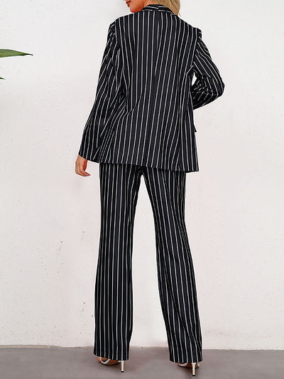 2 Pieces Shawl Collar Striped Long Sleeve Blazer & Straight Leg Pants Suit Sets