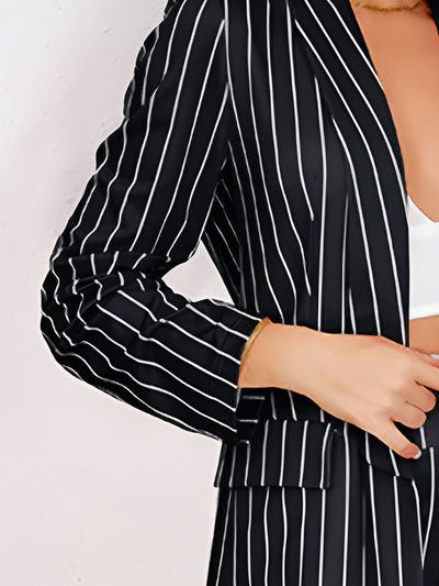 2 Pieces Shawl Collar Striped Long Sleeve Blazer & Straight Leg Pants Suit Sets