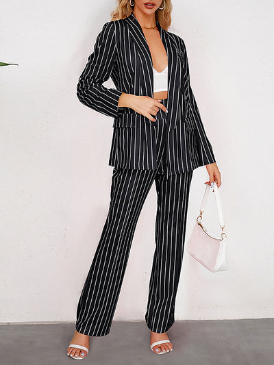 2 Pieces Shawl Collar Striped Long Sleeve Blazer & Straight Leg Pants Suit Sets