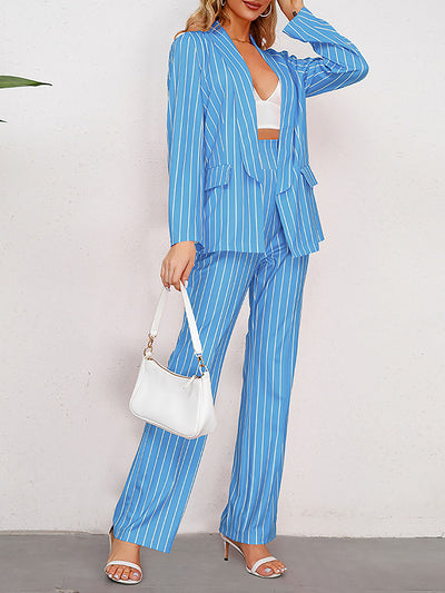 2 Pieces Shawl Collar Striped Long Sleeve Blazer & Straight Leg Pants Suit Sets