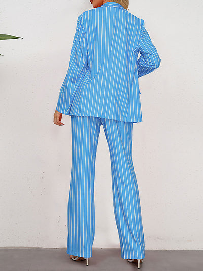 2 Pieces Shawl Collar Striped Long Sleeve Blazer & Straight Leg Pants Suit Sets