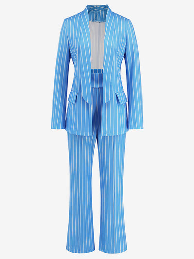 2 Pieces Shawl Collar Striped Long Sleeve Blazer & Straight Leg Pants Suit Sets