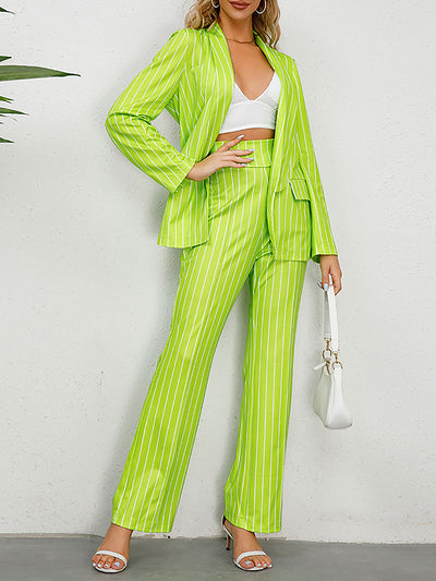 2 Pieces Shawl Collar Striped Long Sleeve Blazer & Straight Leg Pants Suit Sets