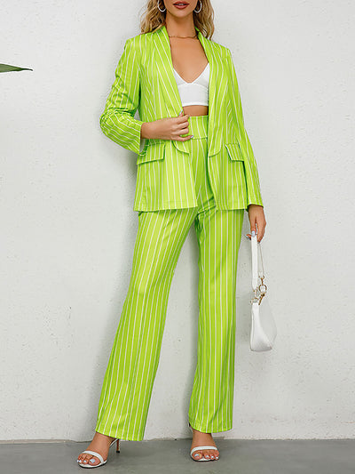 2 Pieces Shawl Collar Striped Long Sleeve Blazer & Straight Leg Pants Suit Sets