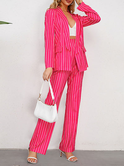 2 Pieces Shawl Collar Striped Long Sleeve Blazer & Straight Leg Pants Suit Sets