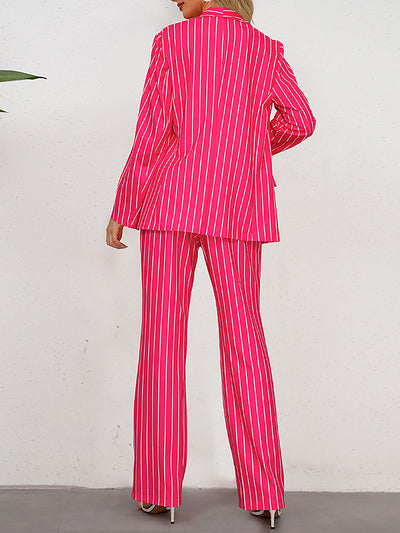 2 Pieces Shawl Collar Striped Long Sleeve Blazer & Straight Leg Pants Suit Sets