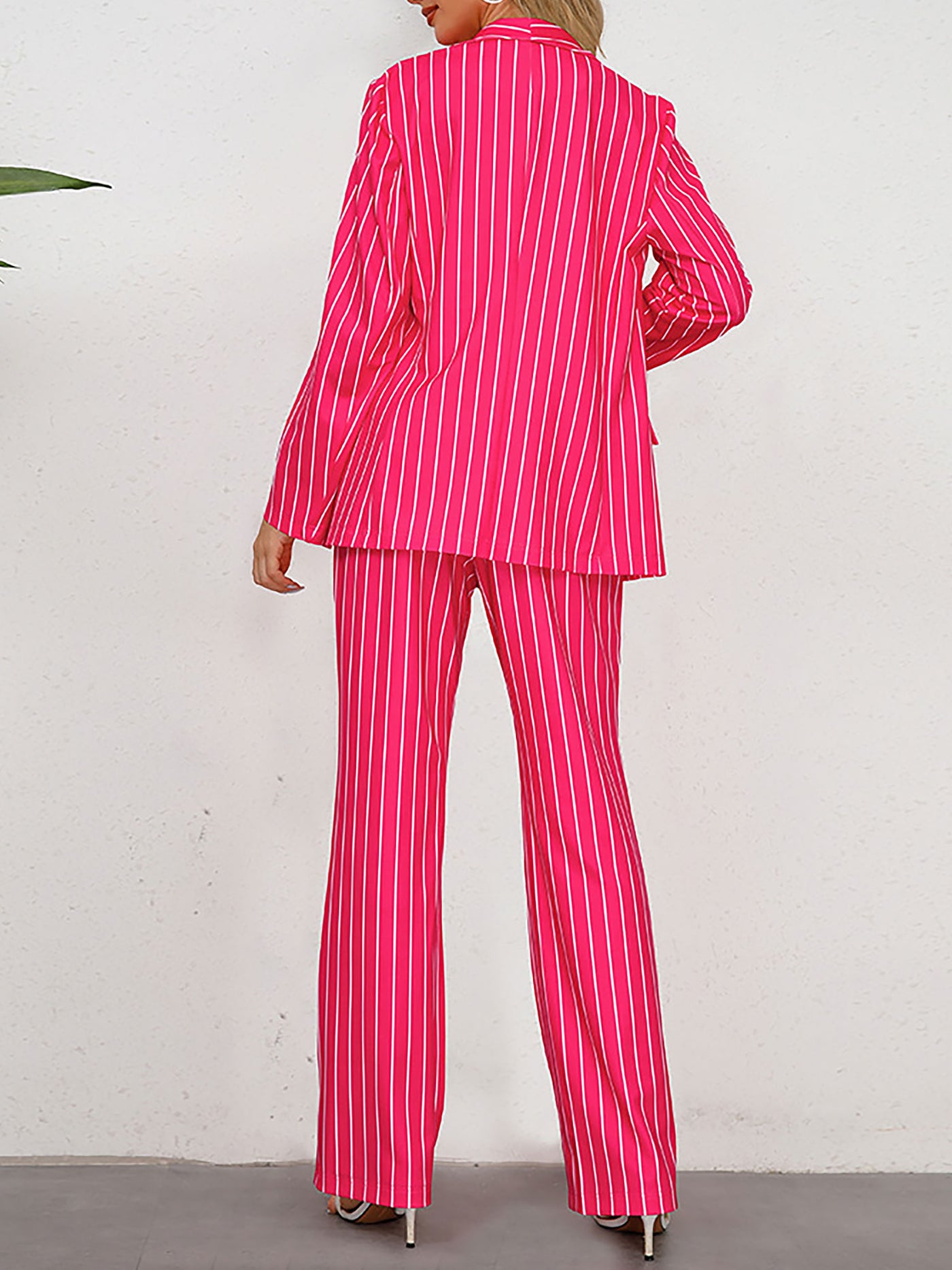 Allegra K 2 Pieces Shawl Collar Striped Long Sleeve Blazer & Straight Leg Pants Suit Sets