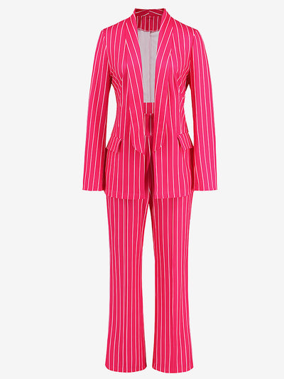 2 Pieces Shawl Collar Striped Long Sleeve Blazer & Straight Leg Pants Suit Sets