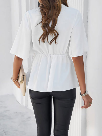 Solid Color Lace-Up Short Sleeves Peplum Blouse