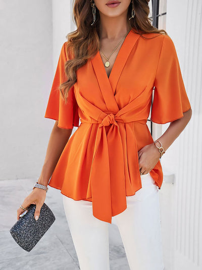 Solid Color Lace-Up Short Sleeves Peplum Blouse