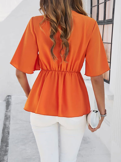 Solid Color Lace-Up Short Sleeves Peplum Blouse