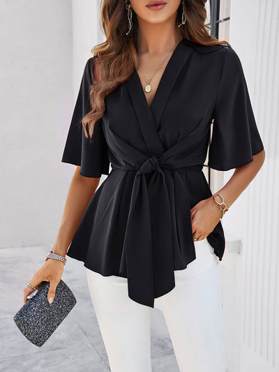 Solid Color Lace-Up Short Sleeves Peplum Blouse