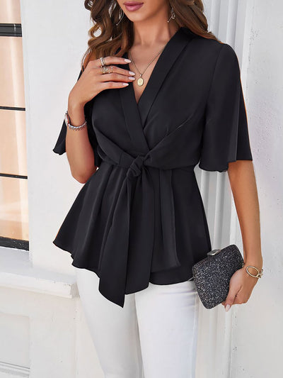 Solid Color Lace-Up Short Sleeves Peplum Blouse