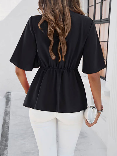 Solid Color Lace-Up Short Sleeves Peplum Blouse