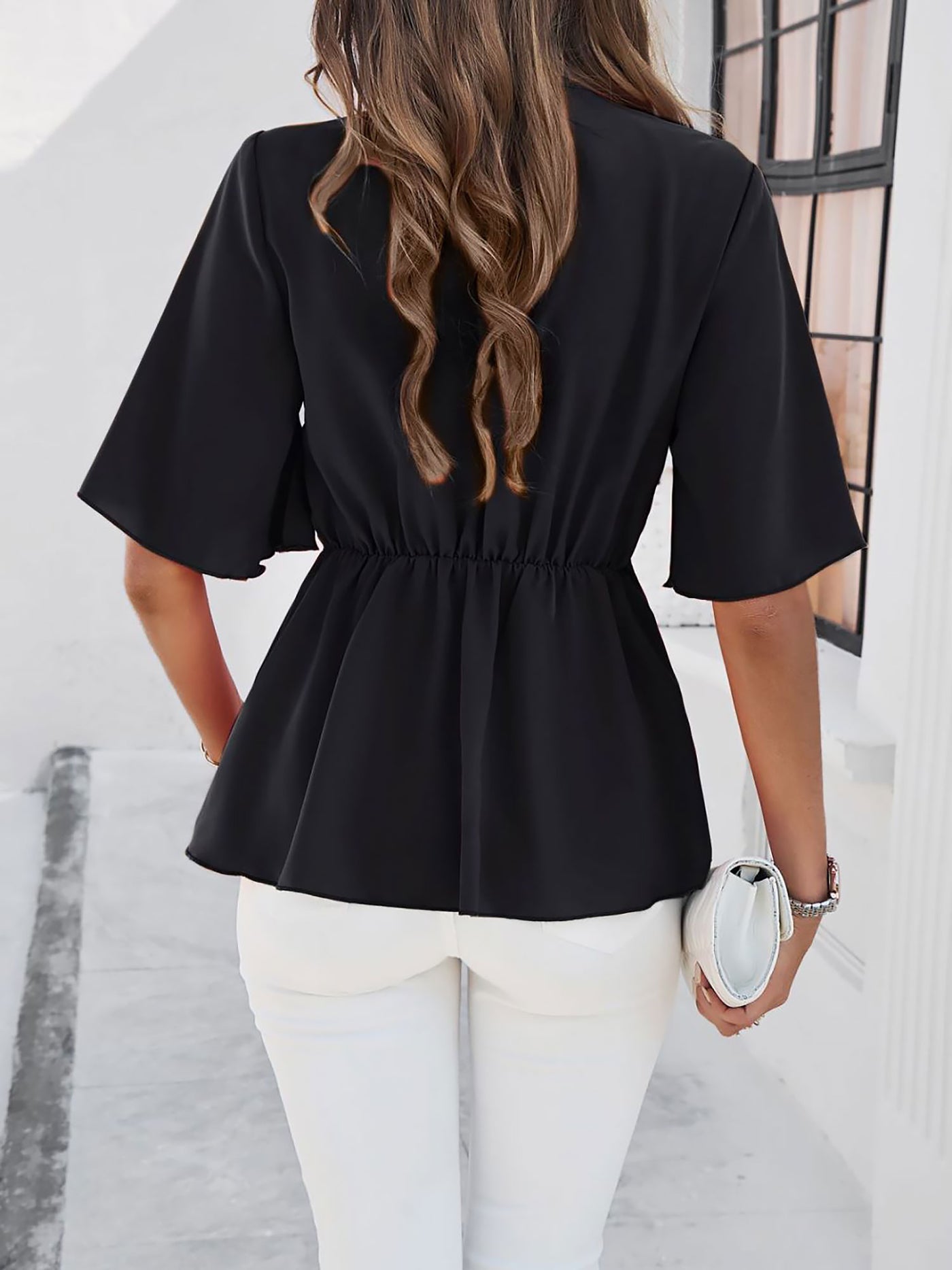 Allegra K Solid Color Lace-Up Short Sleeves Peplum Blouse