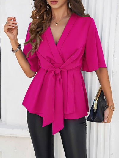 Solid Color Lace-Up Short Sleeves Peplum Blouse