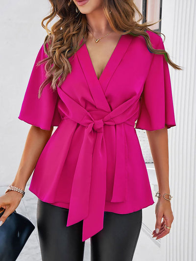 Solid Color Lace-Up Short Sleeves Peplum Blouse