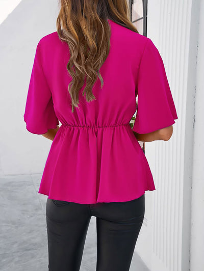 Solid Color Lace-Up Short Sleeves Peplum Blouse