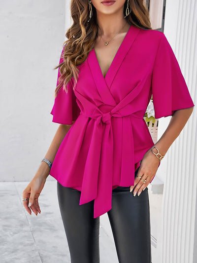 Solid Color Lace-Up Short Sleeves Peplum Blouse