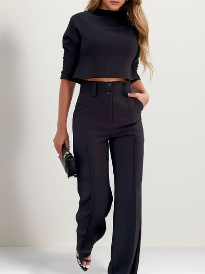 Allegra K 2 Pieces 3/4 Sleeves Mock Neck Cropped Top & Bell Bottom Pants