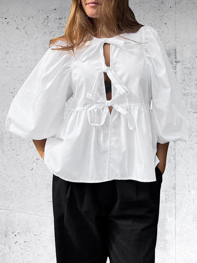 Tie Front Ruffled Babydoll 3/4 Puff Sleeve Blouse