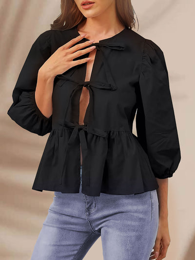 Tie Front Ruffled Babydoll 3/4 Puff Sleeve Blouse