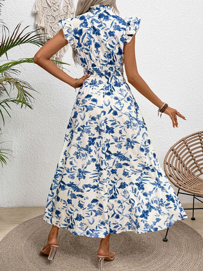 Ruffled Cap Sleeves Floral Smocked Waist A-Line Maxi Dress