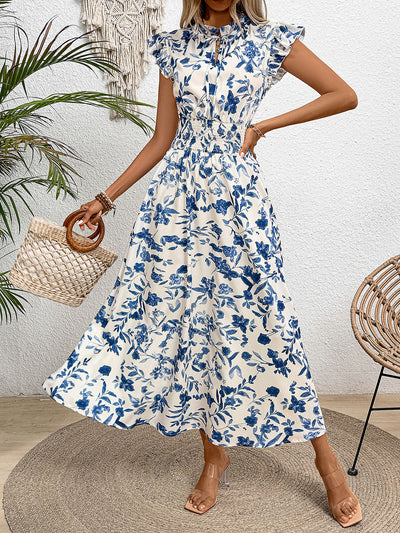 Ruffled Cap Sleeves Floral Smocked Waist A-Line Maxi Dress