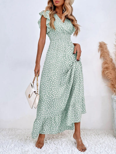 Dots Print Ruffled Cap Sleeves Smocked Waist Maxi Dress