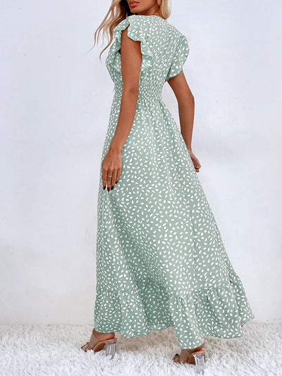 Dots Print Ruffled Cap Sleeves Smocked Waist Maxi Dress