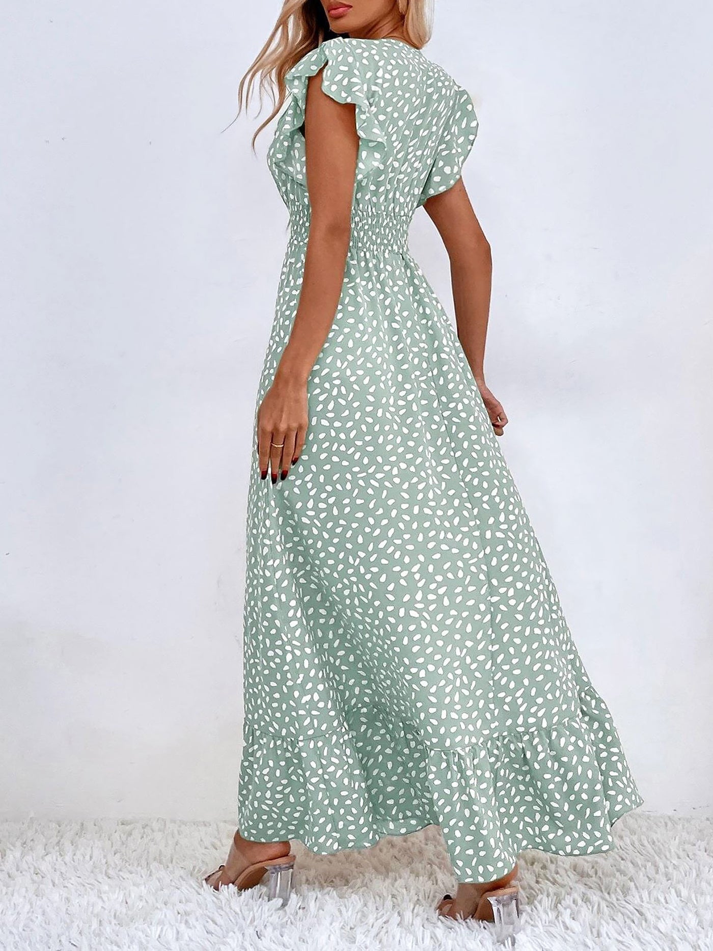 Allegra K Dots Print Ruffled Cap Sleeves Smocked Waist Maxi Dress